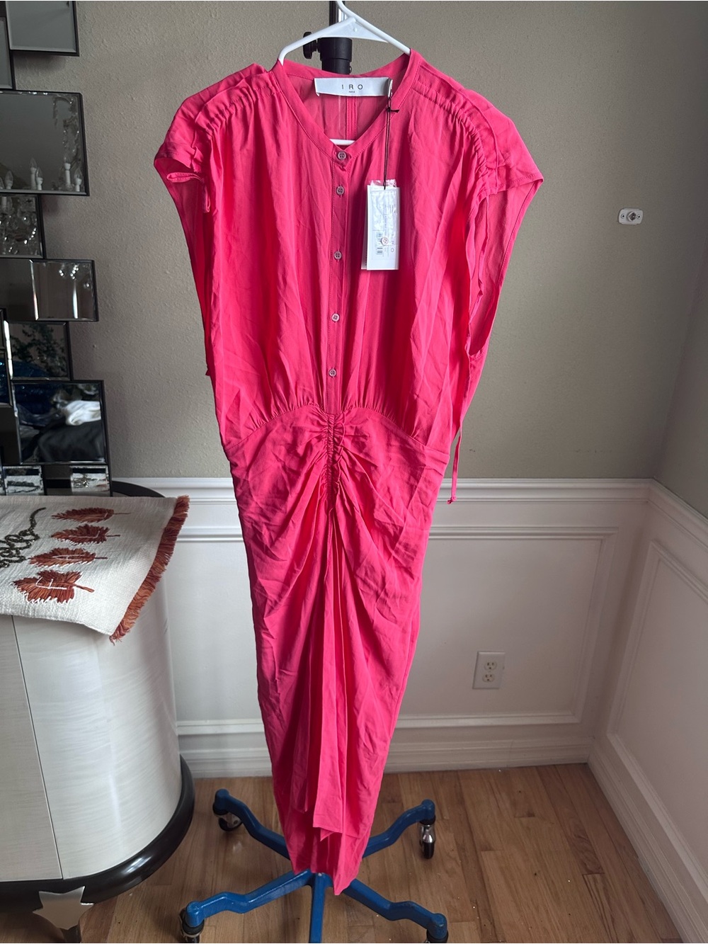 IRO Hot Pink Button-Front Gathered-Waist Midi Dress
